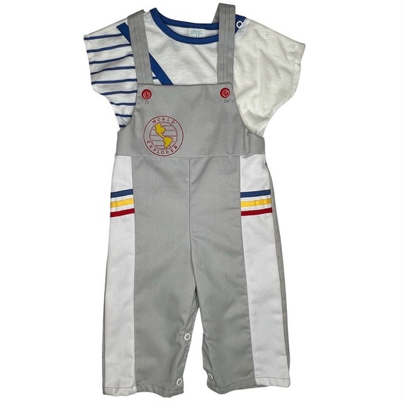 VTG 2pc Overalls 70’s Toddle Time JC Penney Boy “World Explorer” Gray/White NWOT - Picture 1 of 10